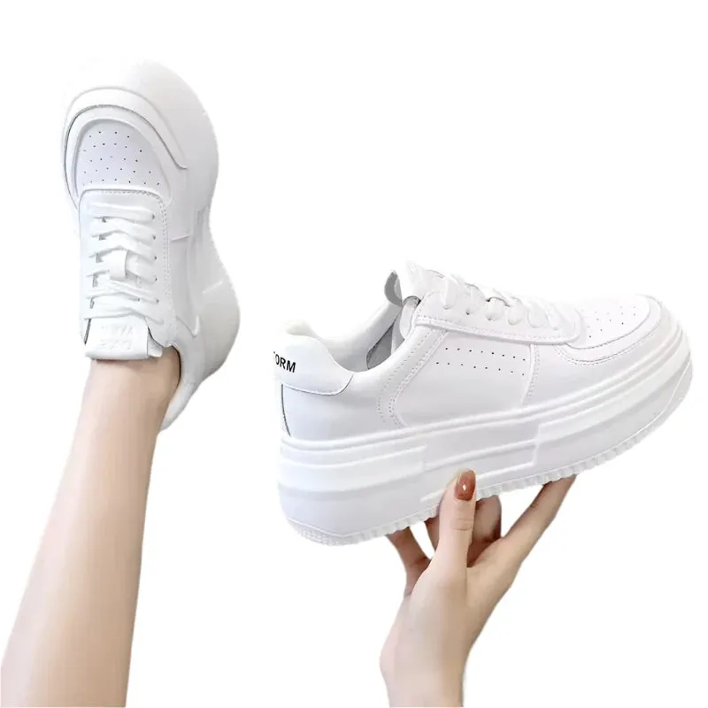 2024 Women's White Leather Casual Sneakers | Breathable Vulcanized Sport Walking & Running Flats