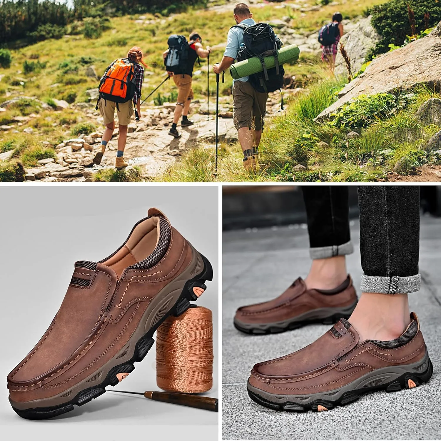 bumuam Men's Waterproof Hiking Shoes, Men's Slip On Hands Non Slip Work Loafers, No Laces Lightweight Breathable Casual Sneaker, for Outdoor Hiking