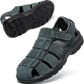 KOIMED Men's Hiking Leather Sandals Closed Toe Water Shoes For Summer Athletic Outdoor Walking Sports Trail River Fishing Wide Adjustable Waterproof Arch Support