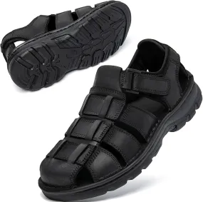 KOIMED Men's Hiking Leather Sandals Closed Toe Water Shoes For Summer Athletic Outdoor Walking Sports Trail River Fishing Wide Adjustable Waterproof Arch Support