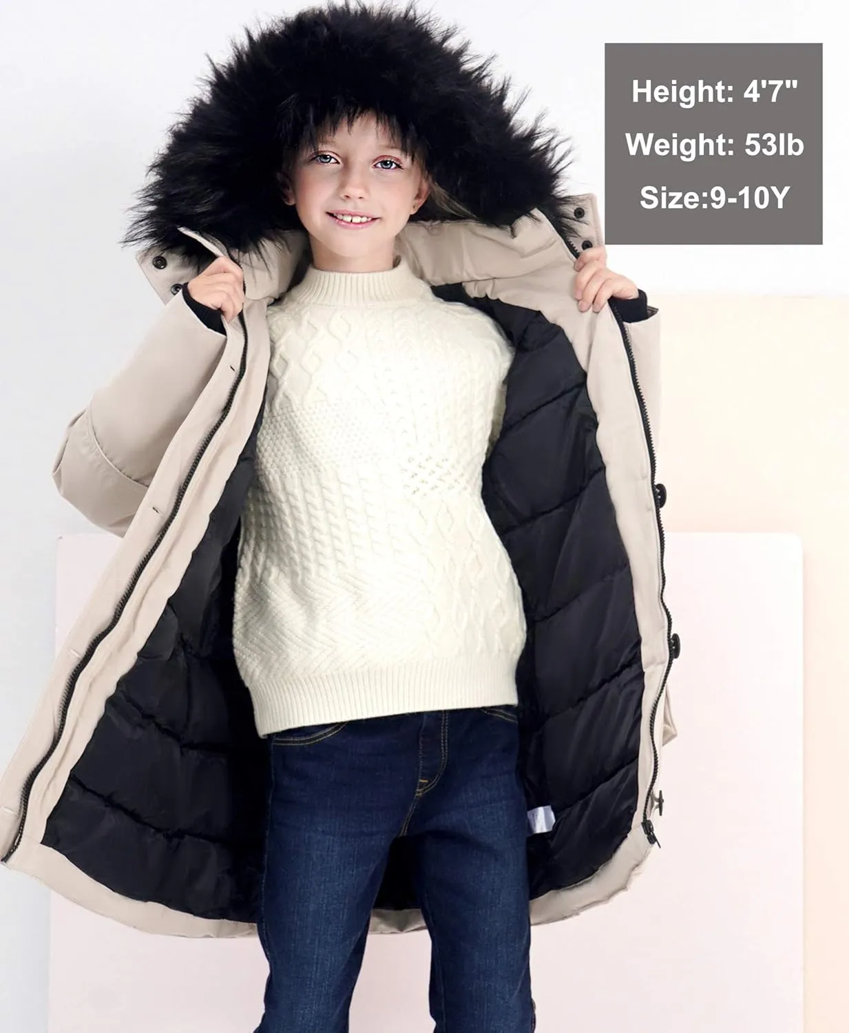 maoo garden Girls Winter Coats Heavyweight Waterproof Jacket Mid-Length Fur Hooded Parka