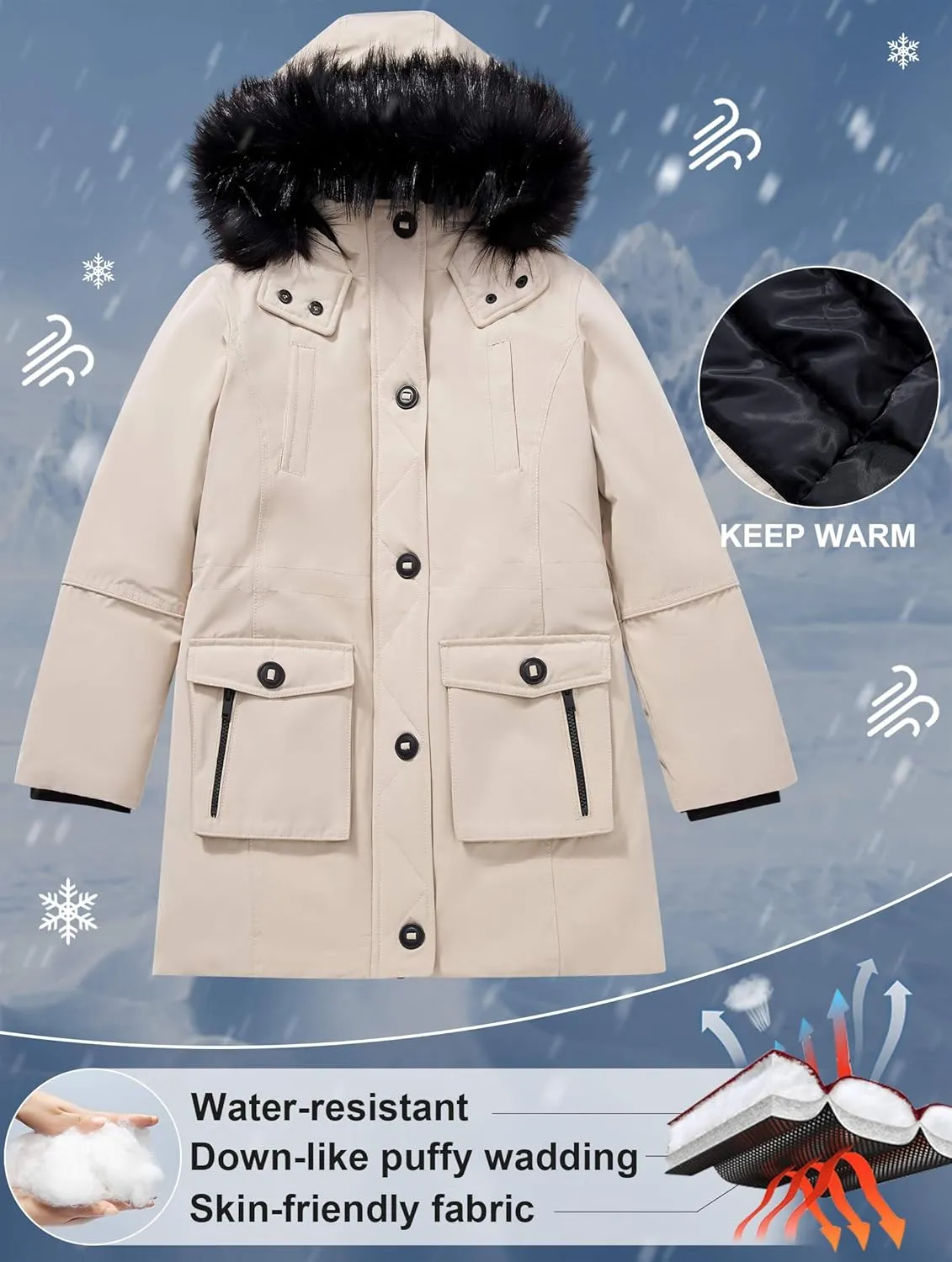 maoo garden Girls Winter Coats Heavyweight Waterproof Jacket Mid-Length Fur Hooded Parka