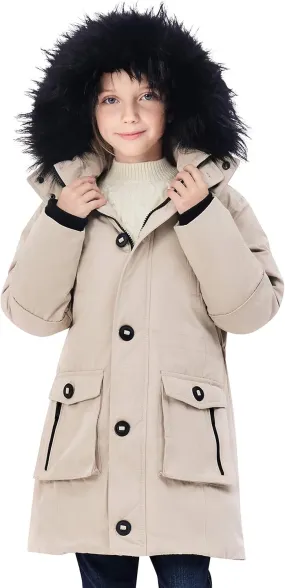 maoo garden Girls Winter Coats Heavyweight Waterproof Jacket Mid-Length Fur Hooded Parka